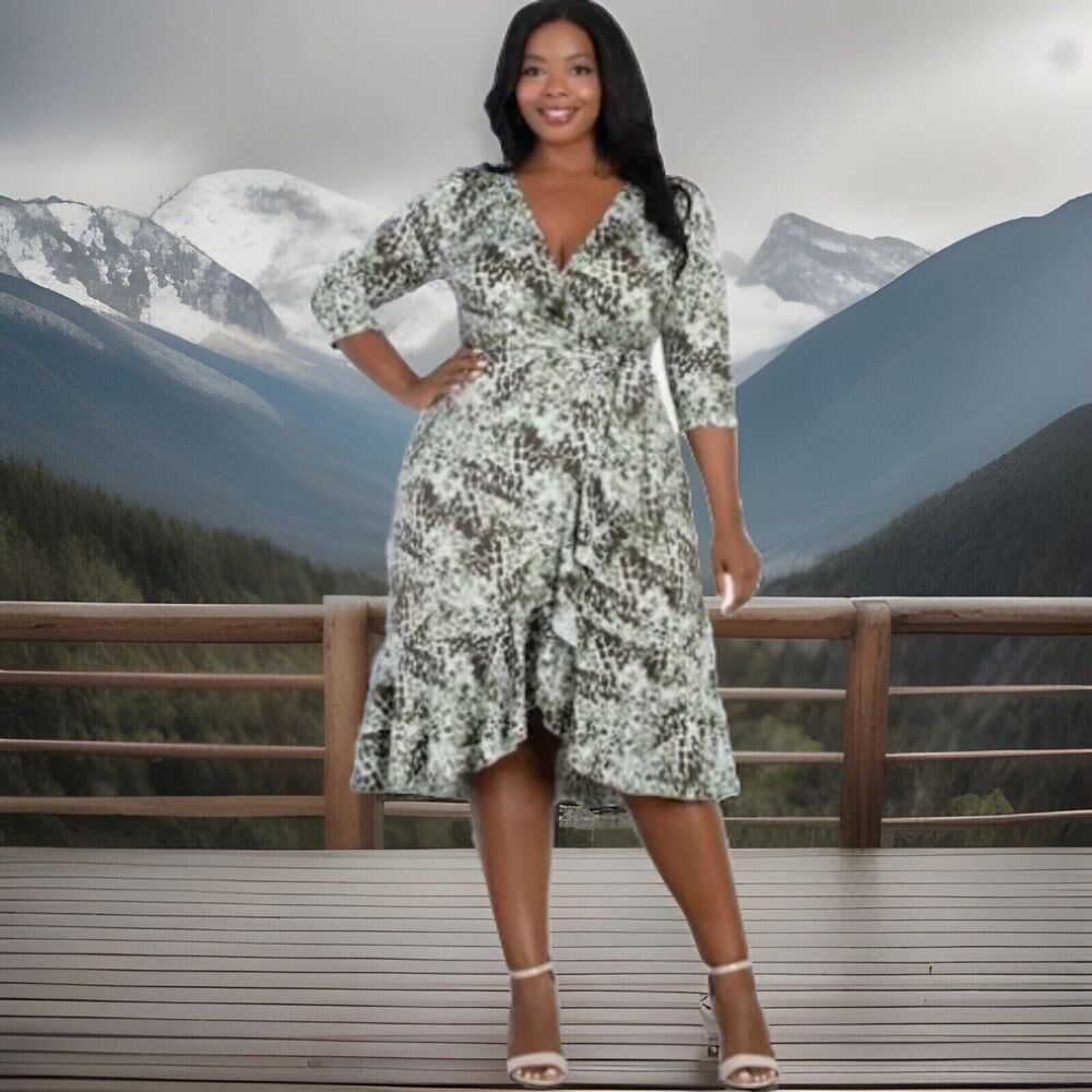 Kiyonna Dress Flirty Flounce Size 10/12 True Wrap Green Medley Print Ruffle Hem